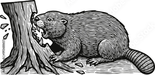 Beaver gnawing tree trunk hand drawn woodcut animal illustration of rodent chewing bark nature wildlife concept