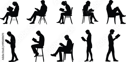 People reading books silhouette set, men and women sitting and standing with novels collection, isolated black shapes, flat vector illustration