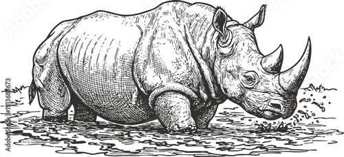 Detailed black and white illustration of a rhinoceros wading in shallow water with textured skin