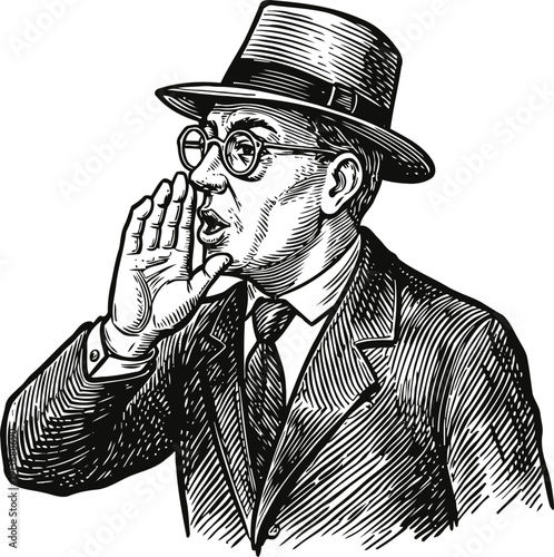 Vintage man in hat and glasses whispering, old fashioned engraving illustration