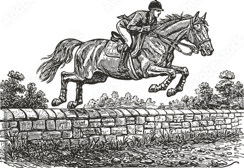 Jockey riding horse jumping over stone wall during equestrian cross country event vintage engraving