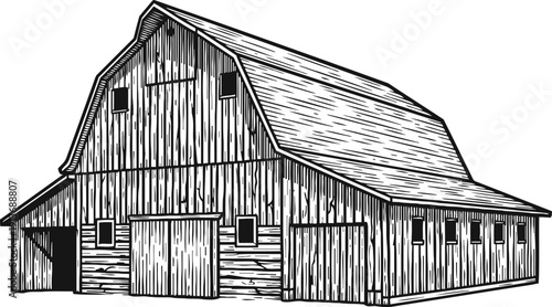 Vintage rustic wooden barn illustration with detailed texture and traditional architecture design
