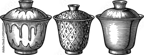 three vintage ceramic jars with lids, detailed hand drawn illustration of decorative pots
