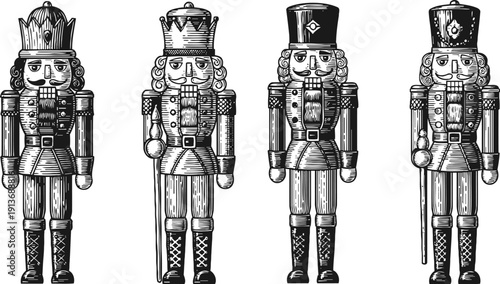 Classic vintage nutcracker soldier figures set of traditional toy wooden characters in detailed black and white engraving