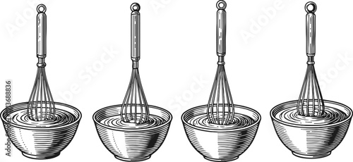 Whisk in mixing bowl hand whisk stirring ingredients in round bowl set cooking kitchen utensil tool