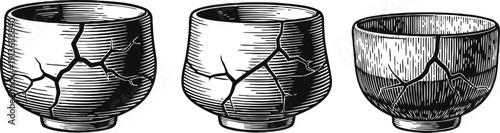 Three cracked ceramic bowls vintage engraving set with detailed texture and shading