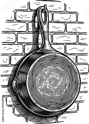 Cast iron skillet hanging on brick wall vintage kitchen cookware illustration