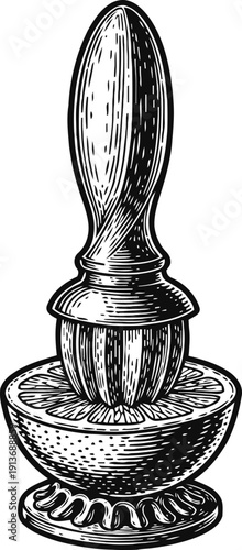 Vintage citrus juicer with half orange on stand hand drawn kitchen tool for squeezing fresh fruit juice