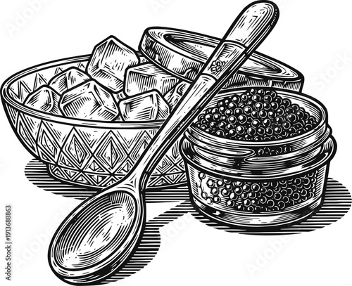 Jar of caviar with spoon and bowl of ice cubes detailed vintage hand drawn illustration