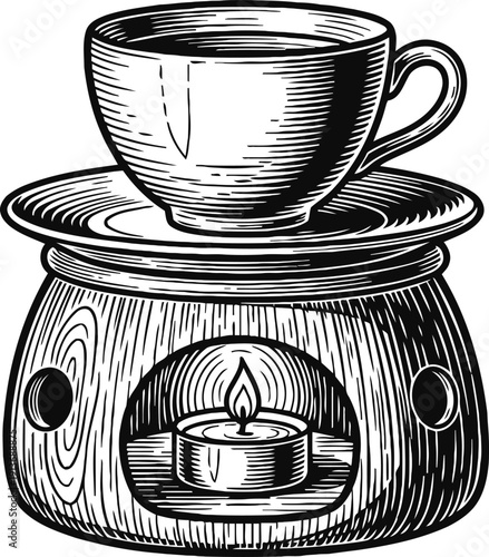Tea cup warmer with candle inside wooden base aromatic beverage heating and cozy atmosphere concept