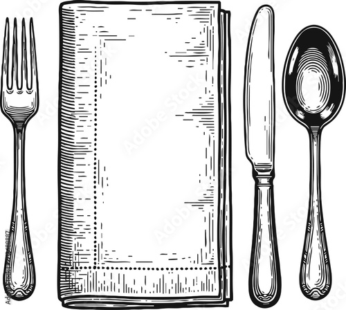 Vintage cutlery set with fork, knife, spoon and folded napkin in classic engraved
