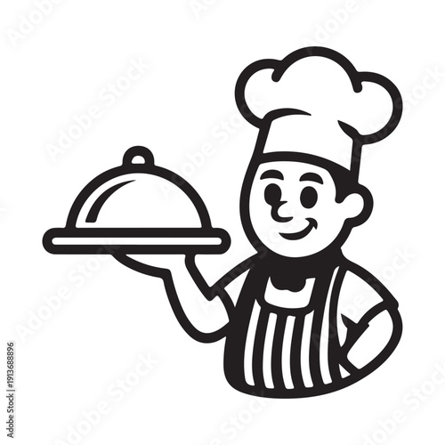 Chef with Mustache Presenting a Food Cloche on a Tray