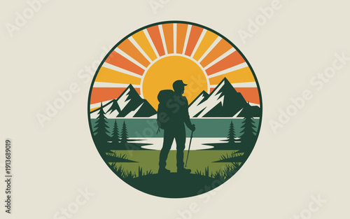 Hiker standing on mountain peak at sunrise with backpack and trekking poles outdoors