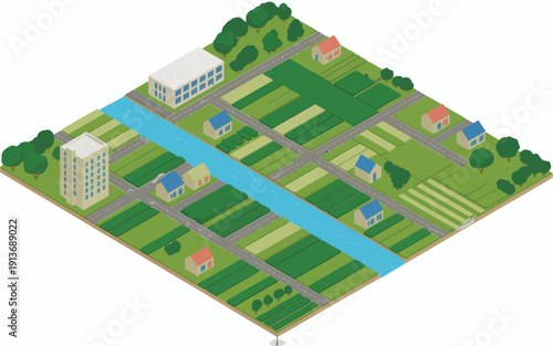 Isometric illustration of suburban neighborhood with river and farmland areas  residential houses and buildings