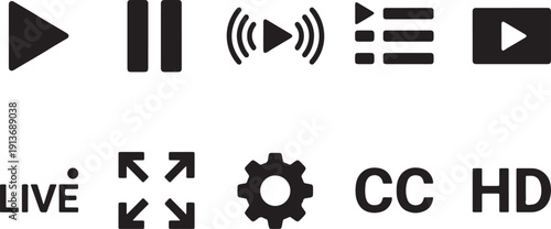 Multimedia player controls and live streaming icons flat design vector illustration set
