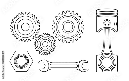 Set of mechanical tools and parts for industrial use  gears and wrenches