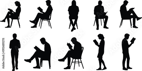 People reading book silhouettes collection, men and women sitting and standing with books set, isolated black shapes, flat vector illustration