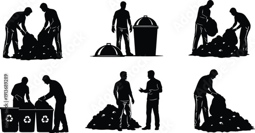 Volunteers cleaning environment and sorting trash into recycling bins, community cleanup silhouette vector illustration isolated on white background