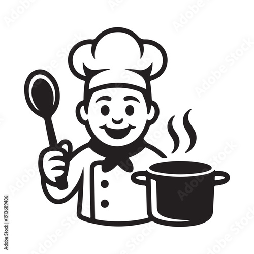 Chef holding a spoon and stirring a steaming pot, black and white vector illustration for cooking and restaurant themes