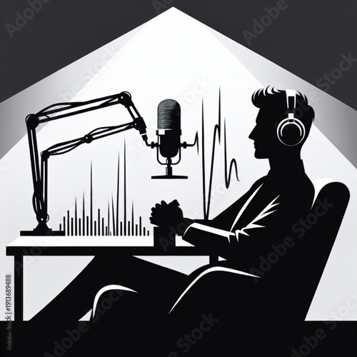 Podcast Creator Silhouette: An artistic silhouette captures a man immersed in podcast creation, complete with a microphone, headphones, and a dynamic audio wave visual.