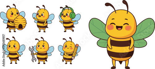 Cute honey bee cartoon character set collection featuring adorable bees with honeycomb, headphones, wrench, and pencil isolated on white background for stickers and mascots.