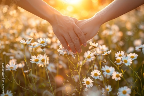 couple holding hands above a field of white daisies