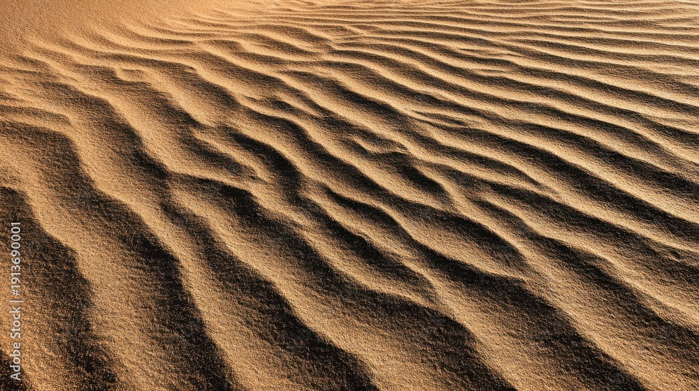 Fototapeta premium Close-up perspective of undulating sand dunes with strong shadows and warm tones