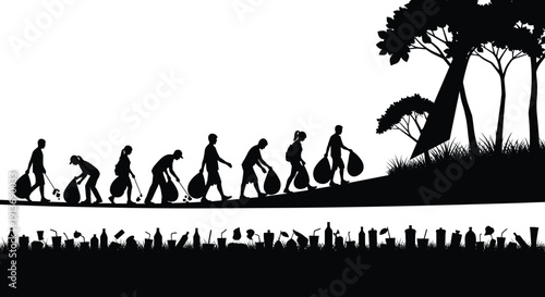 Volunteers cleaning polluted landscape with trash bags, environmental protection silhouette vector illustration showing community cleanup and waste collection