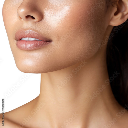 Close-up of a beautiful female face with natural makeup and hydrated, radiant skin on a pure white background
