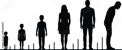 Human growth stages silhouette height comparison from child to adult male female flat vector illustration isolated on white background