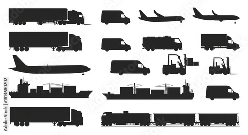 Collection of transportation vehicle silhouettes for logistics and delivery.