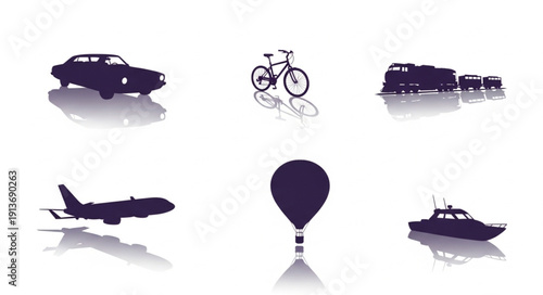 Collection of transportation vehicle silhouettes with reflections.