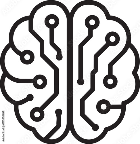 Digital brain circuit icon showing left hemisphere connection nodes for neural network concept