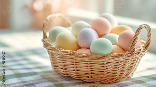 A basket of colorful eggs on a checkered tablecloth.