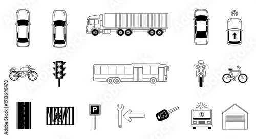 Collection of transportation icons and symbols top view.
