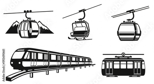 Collection of transportation icons including cable cars and trains.