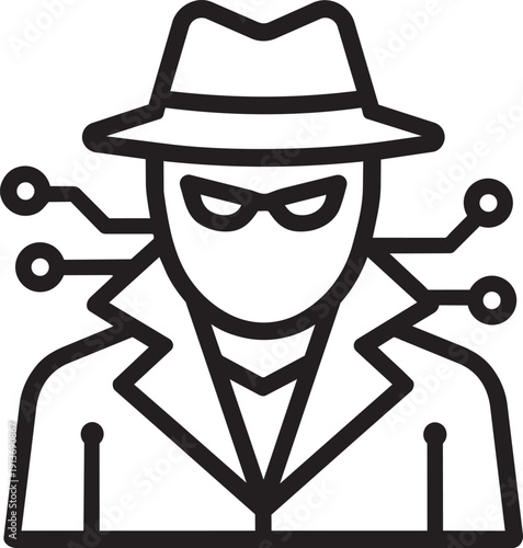 Cyber security hacker icon with incognito spy character wearing hat and glasses linear