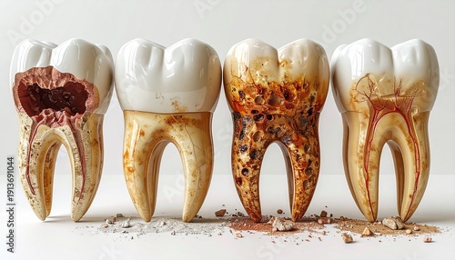 Set of four teeth with different levels of decay. Healthy tooth. Tooth with cavity. Tooth with plaque. Tooth with erosion. Dental health. Teeth on white background. Dental problems. Vector