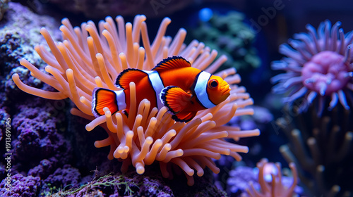 bubble tip anemone move poison tentacles, animal protect aggressive ocellaris clownfish, fish colony, water flow, reef marine aquarium hobby for experienced aquarist, pet shop, actinic LED low light