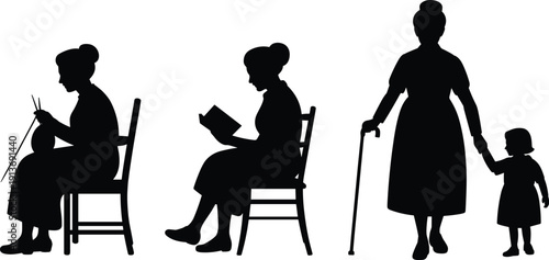 Grandmother life stages silhouette knitting reading walking with child aging concept flat vector illustration isolated on white background