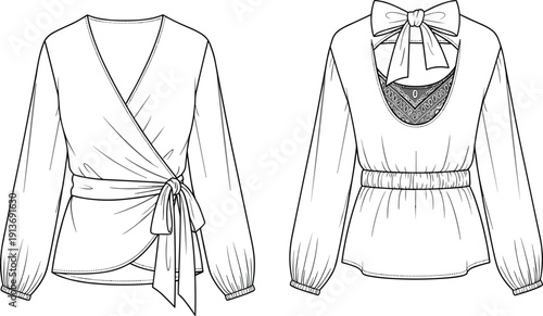 Vector fashion flat sketch of woman long sleeve wrap blouse with waist tie and bow detail on back isolated on white background for apparel design.