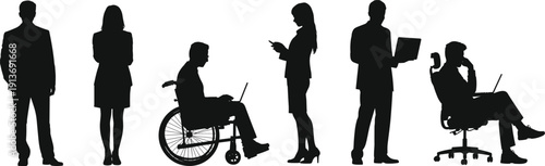 Business People Silhouettes Set, Office Workers Including Disabled Person in Wheelchair, Black Vector Illustration