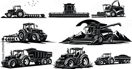 Black silhouette collection of modern farming tractors and combine harvesters working in fields, agricultural machinery vector icons for rural industry and harvesting design.