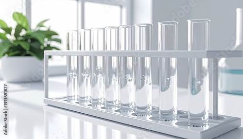 Test tube rack with clear glass tubes. Laboratory equipment on white table. Science and research tools. Glassware for chemistry experiments. Clear tubes in metal rack. Lab setting with
