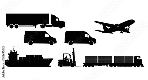 Collection of transportation vehicles and cargo equipment silhouettes.