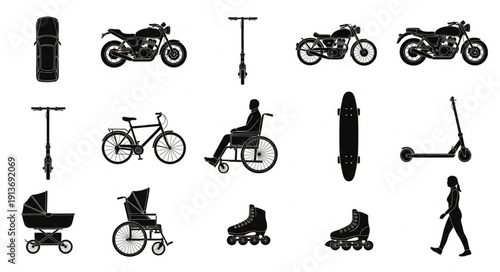 Collection of transportation vehicles and mobility aids silhouettes.