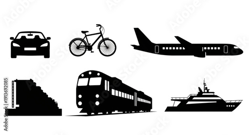 Collection of transportation vehicles and modes silhouette icons.