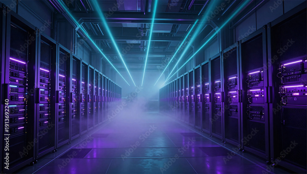 Fototapeta premium Epic Wide Panorama of a Galactic Scale Server Hall (16:9)