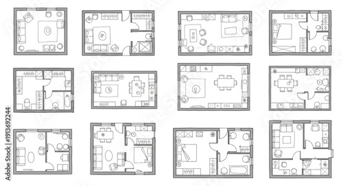 Collection of twelve hand drawn architectural floor plans.