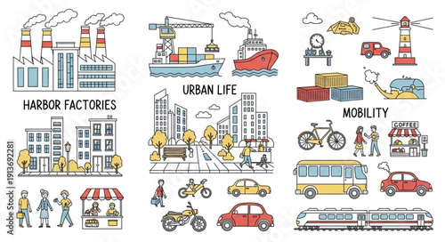 Collection of urban life illustrations depicting industry and transportation.